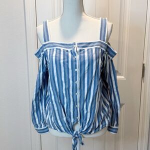 Nautica Striped Cold Shoulder Tie Front Top Size Large Blue/White Nautical